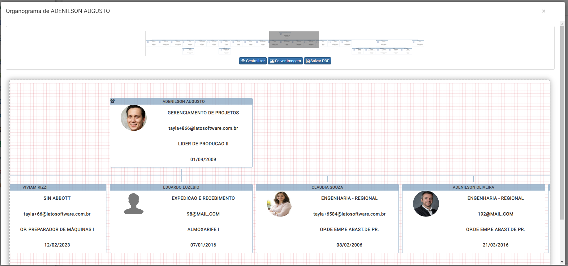Organograma da empresa Visual Cargo detalhando departamentos e colaboradores