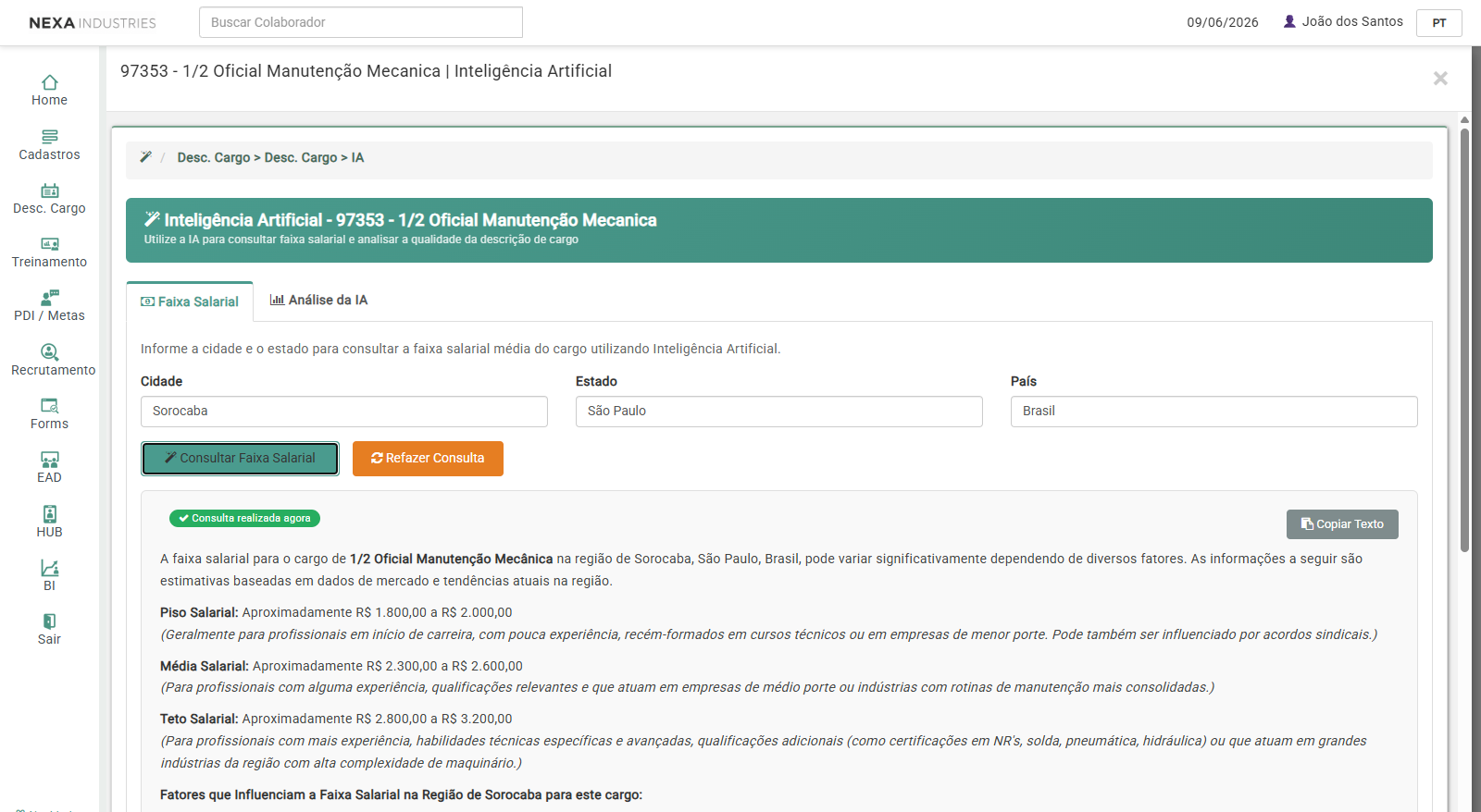 Faixa salarial consultada por IA