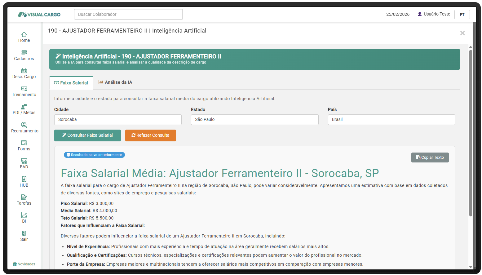 Pesquisa salarial integrada ao Visual Cargo