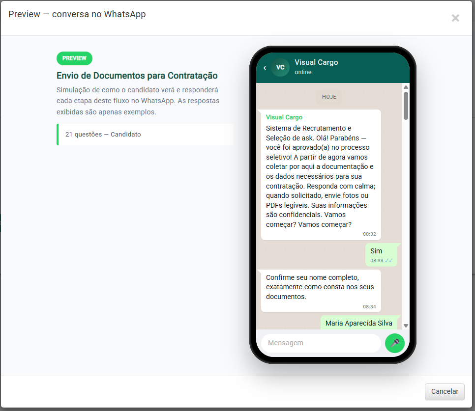 Preview do fluxo WhatsApp — envio de documentos